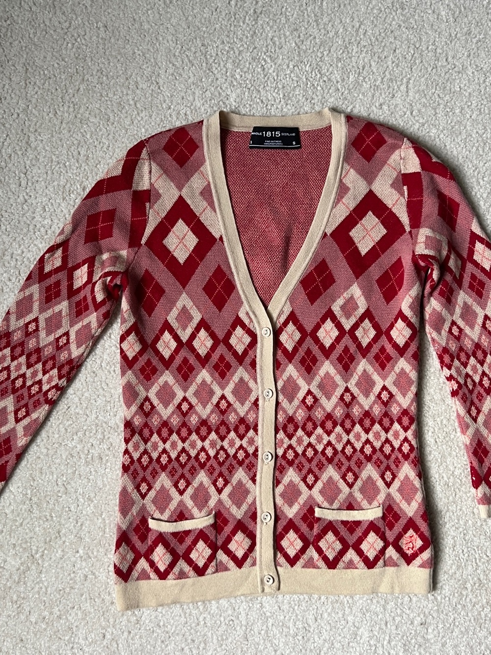 Pringle 1815 Scotland Women's Argyle Cardigan Sweater 100% Merino Wool Size S